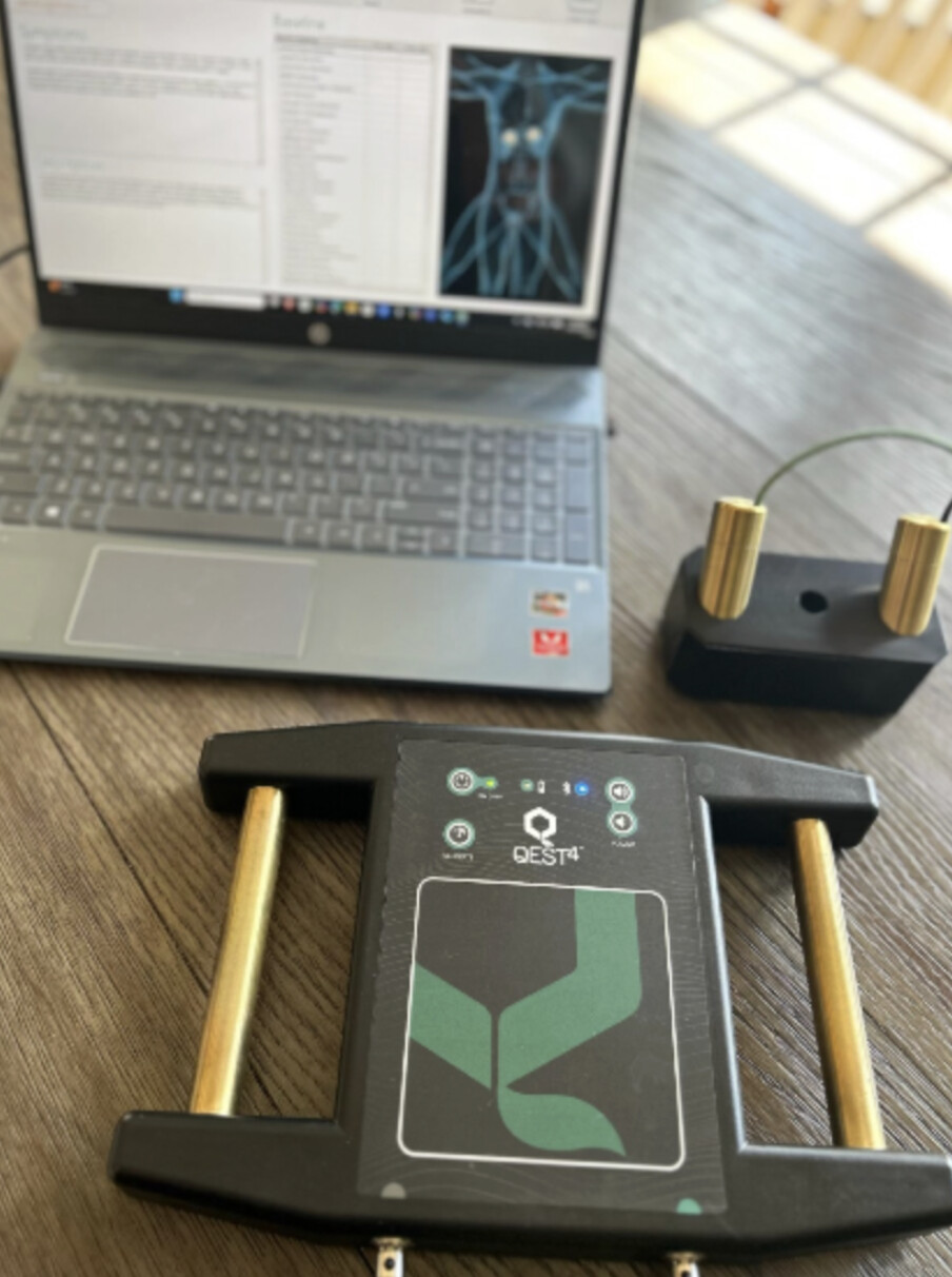 The Qest4 bioenergetic assessment system in use during a session